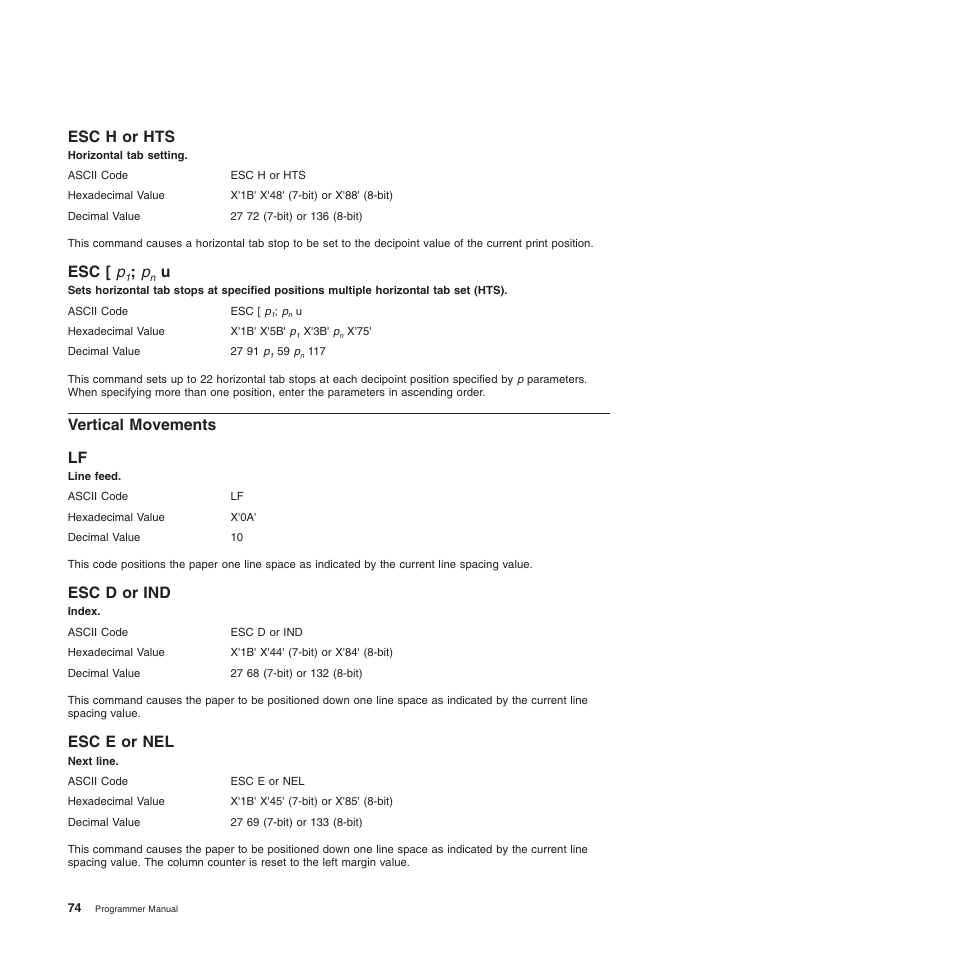 Esc h or hts, Esc [ p1; pn u, Vertical movements | Esc d or ind, Esc e or nel, Esc [ p, Lf esc d or ind esc e or nel, Index (ansi), Next line (ansi), Horizontal tab setting (ansi) | Compuprint 4247-L03 Programmer Manua User Manual | Page 90 / 204