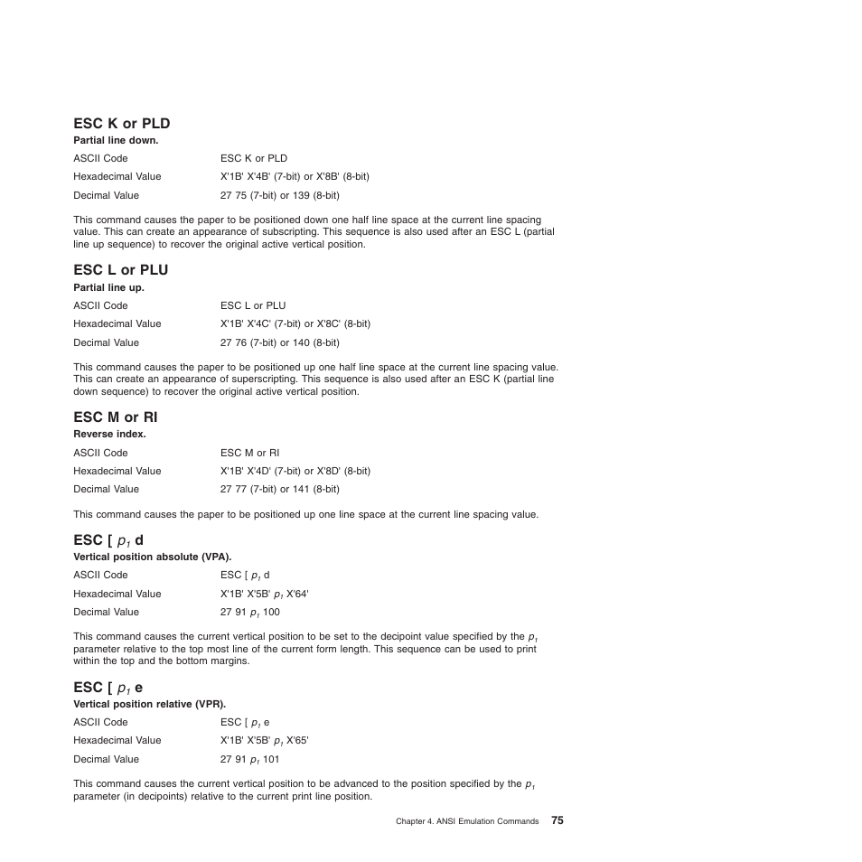 Esc k or pld, Esc l or plu, Esc m or ri | Esc [ p1 d, Esc [ p1 e, Esc l or plu esc m or ri esc [ p, Esc [ p, Vertical position absolute (vpa) (ansi), Vertical position relative (vpr) (ansi), Partial line down (ansi) | Compuprint 4247-L03 Programmer Manua User Manual | Page 91 / 204