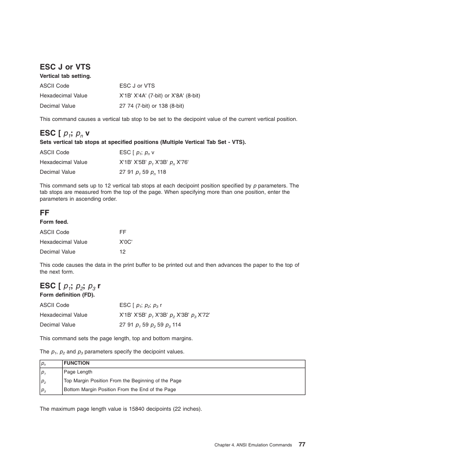 Esc j or vts, Esc [ p1; pn v, Esc [ p1; p2; p3 r | Esc j or vts esc [ p, Ff esc [ p, Esc [ p, Form definition (fd) (ansi), Vertical tab setting (ansi), Form feed (ansi) | Compuprint 4247-L03 Programmer Manua User Manual | Page 93 / 204