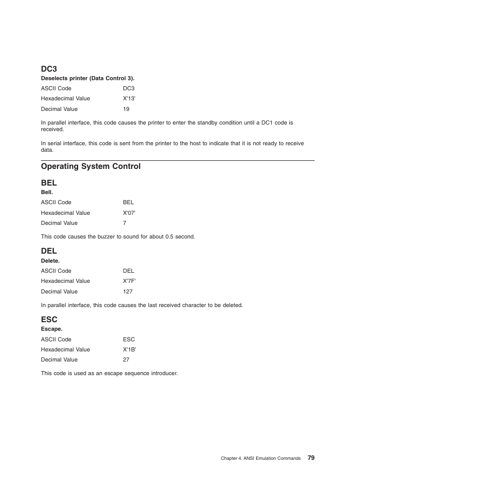 Operating system control, Del esc, Bell (ansi) | Deselects printer (data control 3) (ansi), Delete (ansi), Escape (ansi), Operating system control bel | Compuprint 4247-L03 Programmer Manua User Manual | Page 95 / 204