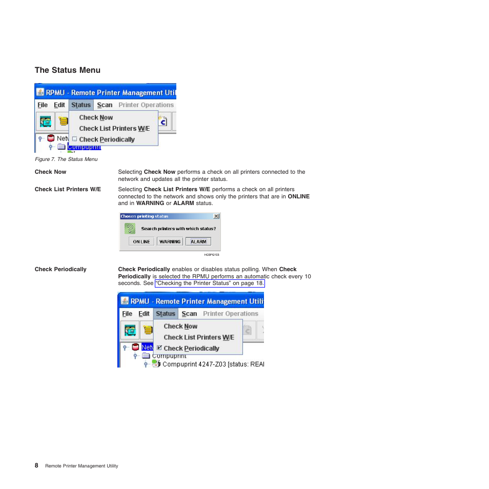 The status menu | Compuprint 4247-L03 Remote Printer Management Utility User Manual | Page 12 / 36