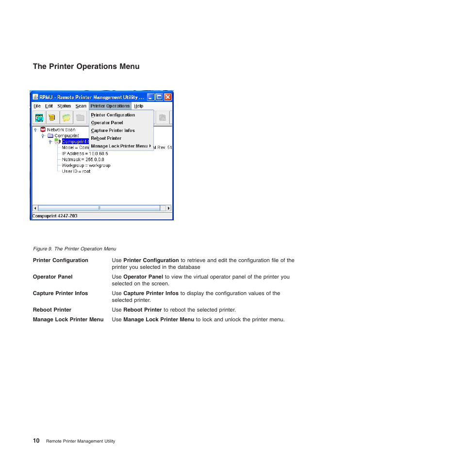 The printer operations menu | Compuprint 4247-L03 Remote Printer Management Utility User Manual | Page 14 / 36