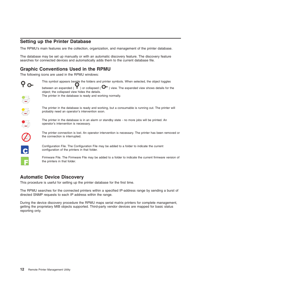 Setting up the printer database, Graphic conventions used in the rpmu, Automatic device discovery | Printer net scan (new) | Compuprint 4247-L03 Remote Printer Management Utility User Manual | Page 16 / 36