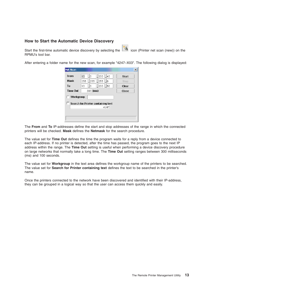 How to start the automatic device discovery | Compuprint 4247-L03 Remote Printer Management Utility User Manual | Page 17 / 36