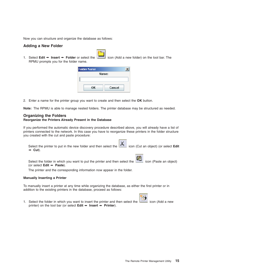 Adding a new folder, Organizing the folders, Add a new folder | Add a new printer | Compuprint 4247-L03 Remote Printer Management Utility User Manual | Page 19 / 36