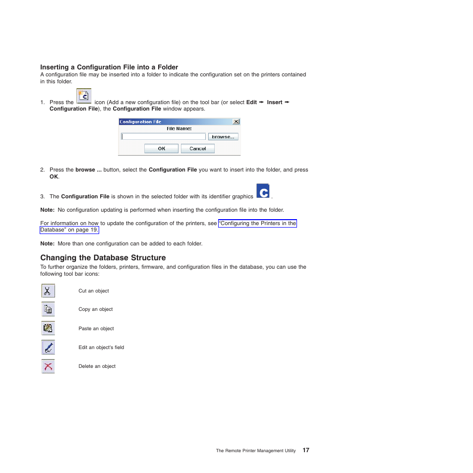 Inserting a configuration file into a folder, Changing the database structure, Delete an object | Add a new configuration file, Cut an object, Copy an object, Paste an object, Edit an object's field | Compuprint 4247-L03 Remote Printer Management Utility User Manual | Page 21 / 36