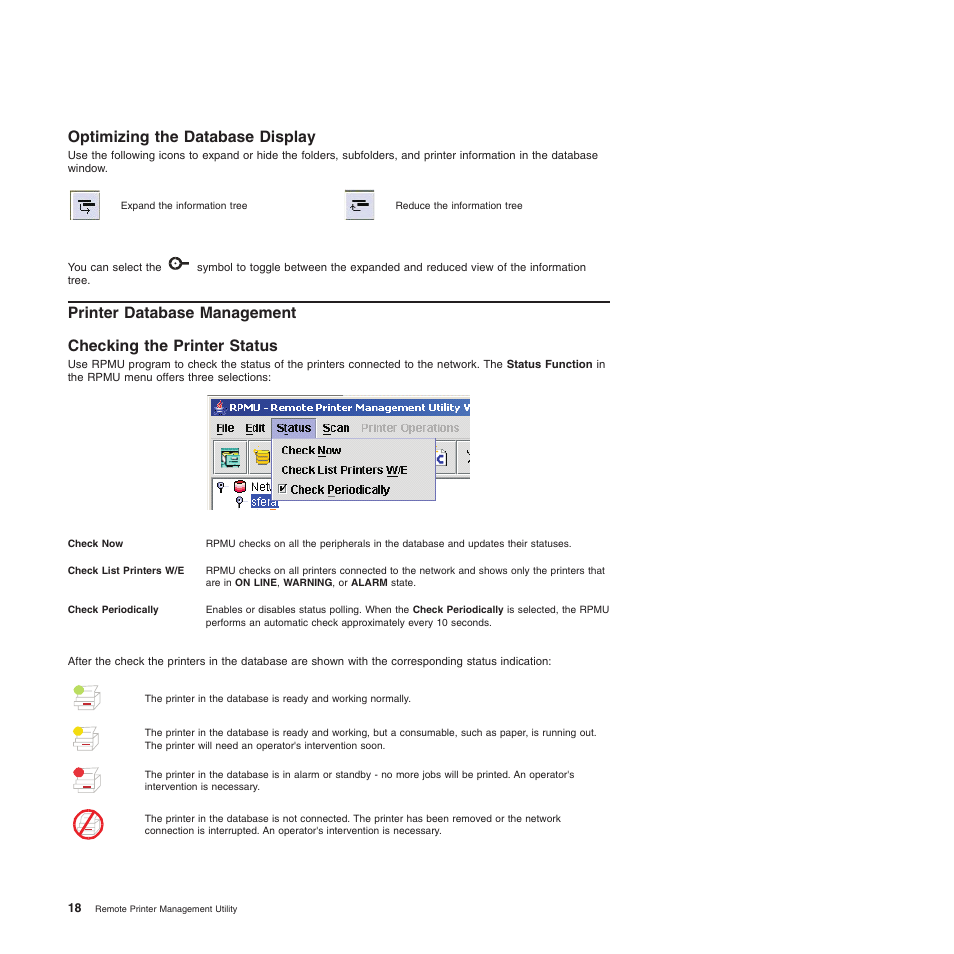 Optimizing the database display, Printer database management, Checking the printer status | Expand the information tree, Collapse the information tree | Compuprint 4247-L03 Remote Printer Management Utility User Manual | Page 22 / 36