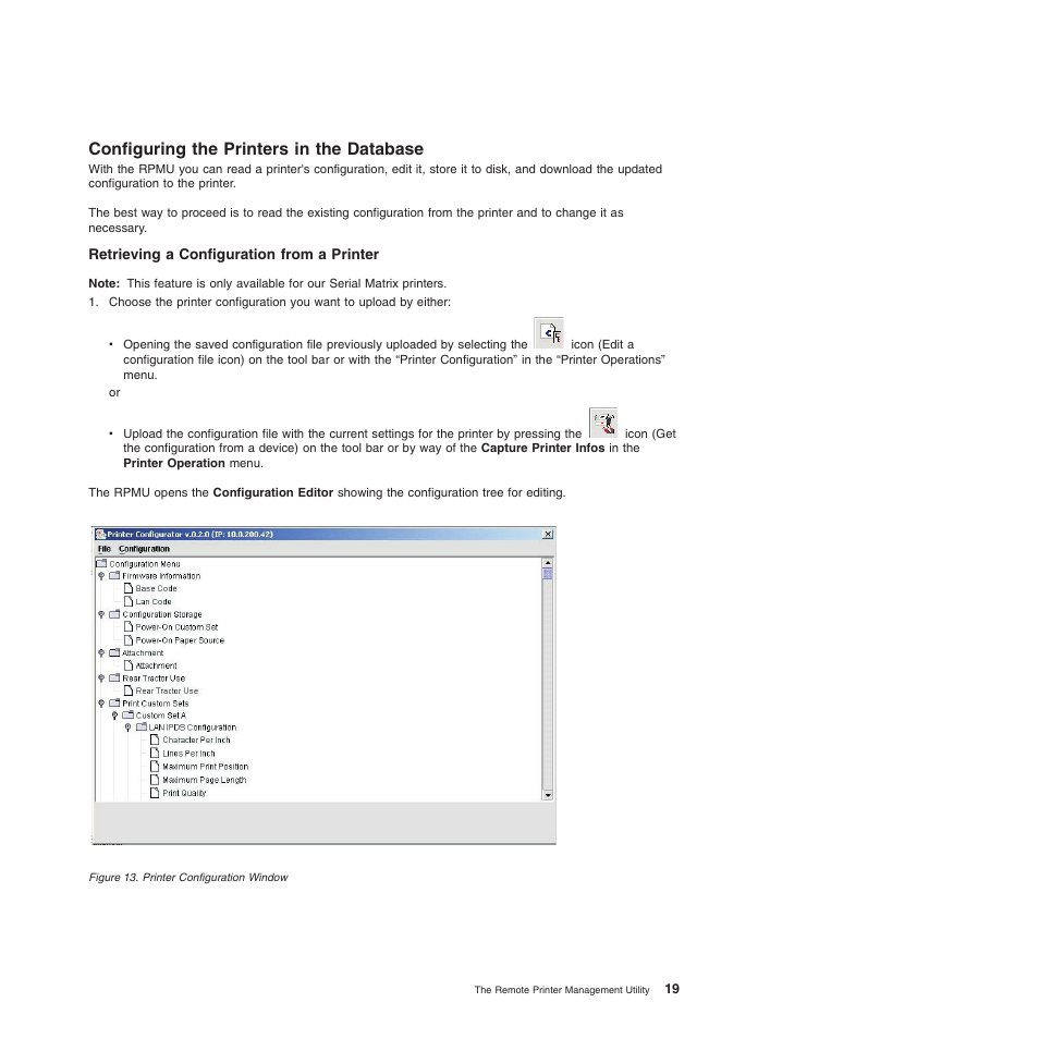 Configuring the printers in the database, Retrieving a configuration from a printer, Get the configuration from a device | Compuprint 4247-L03 Remote Printer Management Utility User Manual | Page 23 / 36