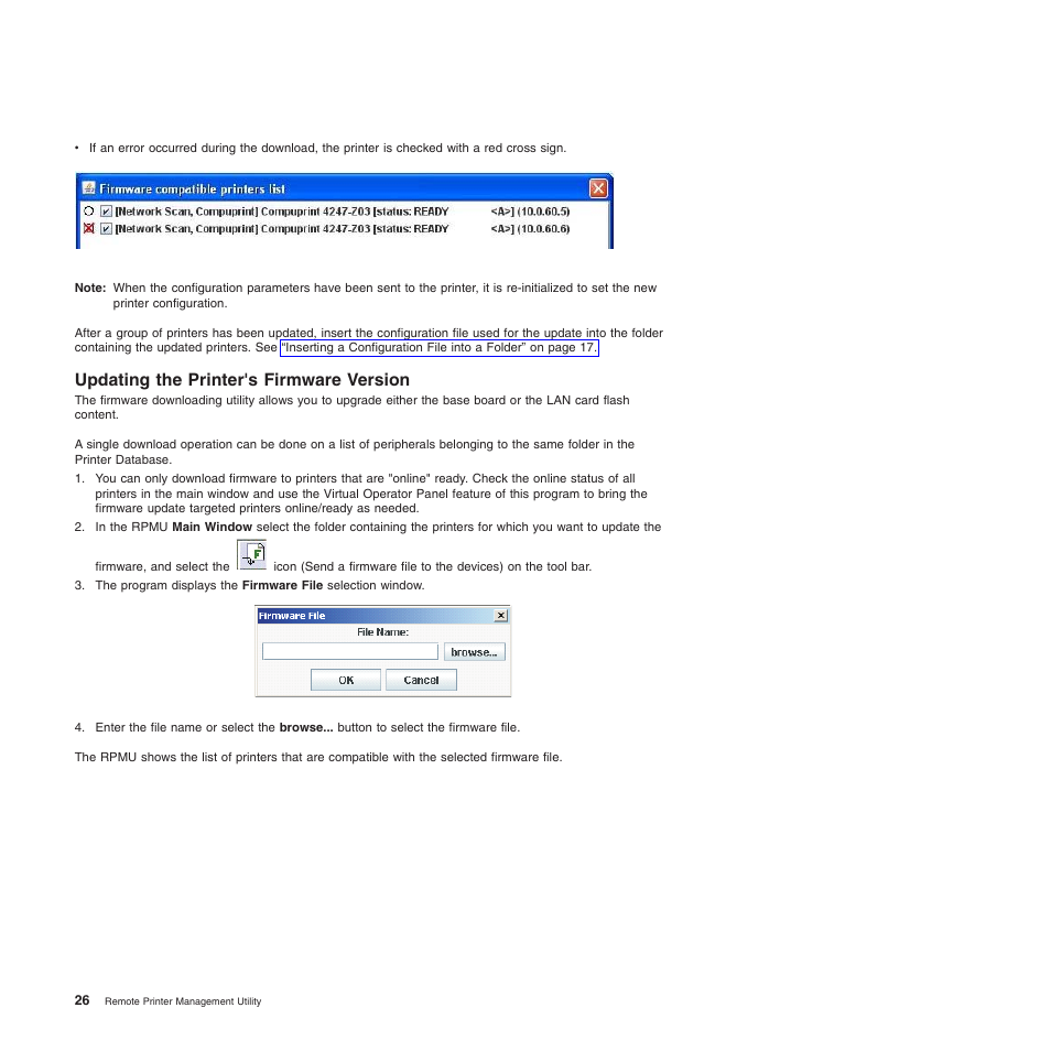 Updating the printer's firmware version, Send a firmware file to the devices | Compuprint 4247-L03 Remote Printer Management Utility User Manual | Page 30 / 36