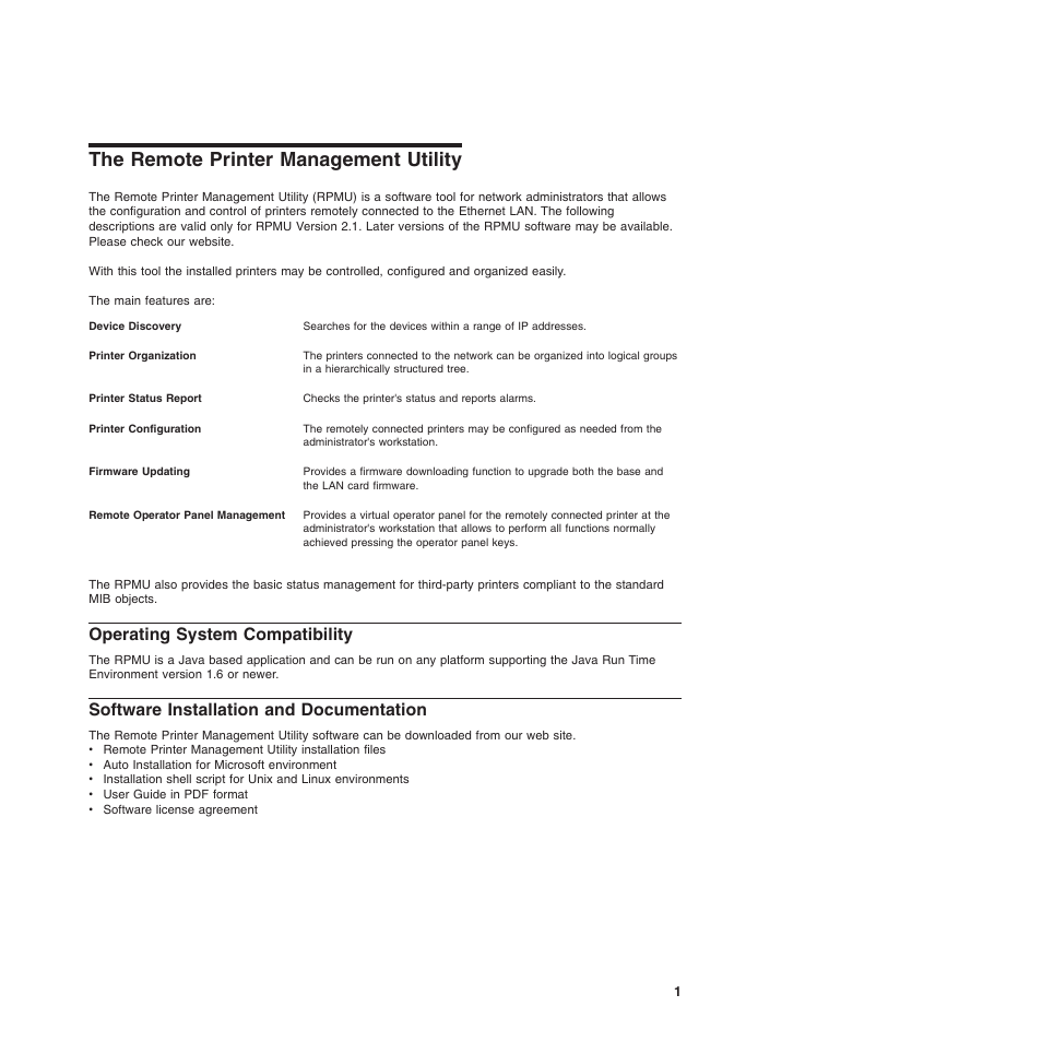 The remote printer management utility, Operating system compatibility, Software installation and documentation | Compuprint 4247-L03 Remote Printer Management Utility User Manual | Page 5 / 36