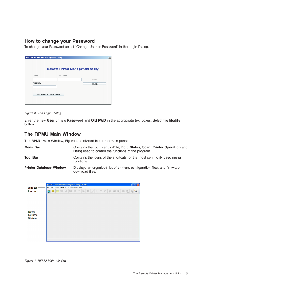 How to change your password, The rpmu main window | Compuprint 4247-L03 Remote Printer Management Utility User Manual | Page 7 / 36