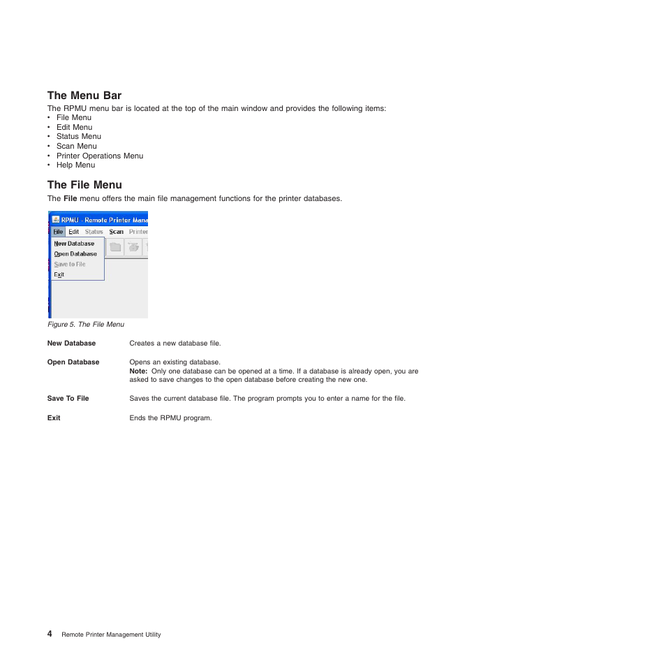 The menu bar, The file menu, The menu bar the file menu | Compuprint 4247-L03 Remote Printer Management Utility User Manual | Page 8 / 36