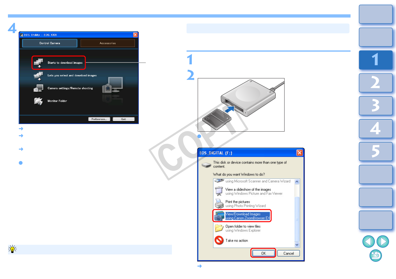 Downloading images using your card reader, Cop y | Canon XT User Manual | Page 10 / 93