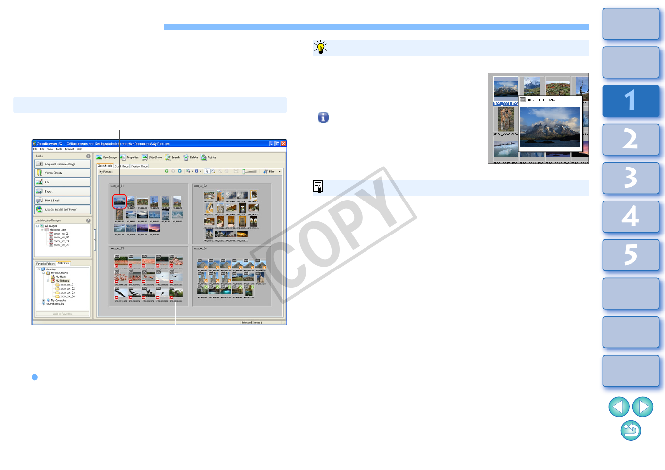 Viewing an image, View images as thumbnails in the main window, Cop y | Canon XT User Manual | Page 12 / 93