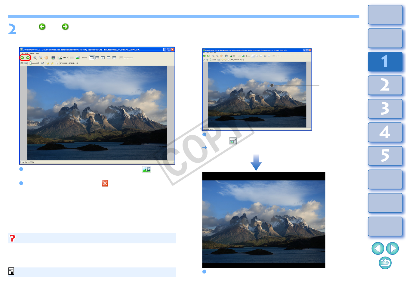 Displaying an image across the whole window, Full view display), Displaying an image across the whole window (full | View display), Cop y | Canon XT User Manual | Page 15 / 93