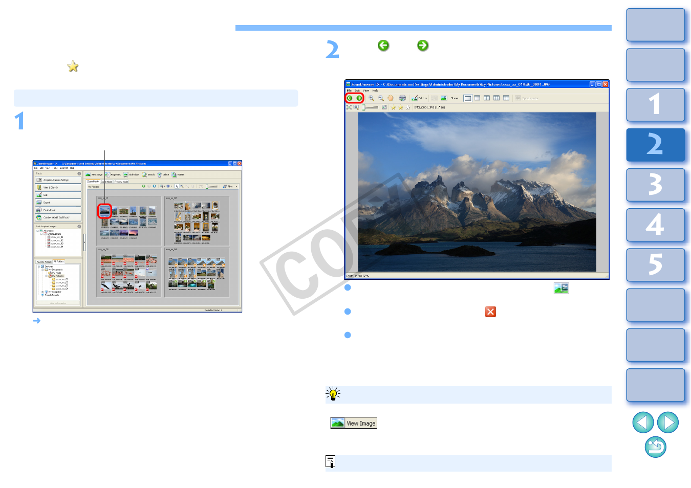 Checking/sorting images, Enlarging and checking images one at a time, Cop y | Canon XT User Manual | Page 23 / 93