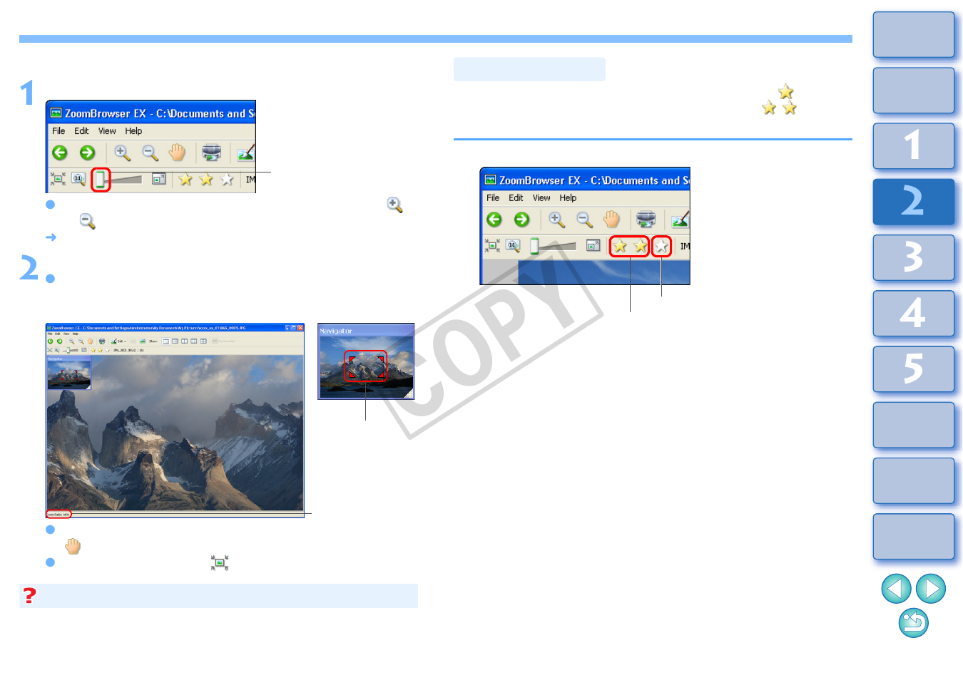Enlarging a specific part of an image, Sorting images, Cop y | Canon XT User Manual | Page 24 / 93