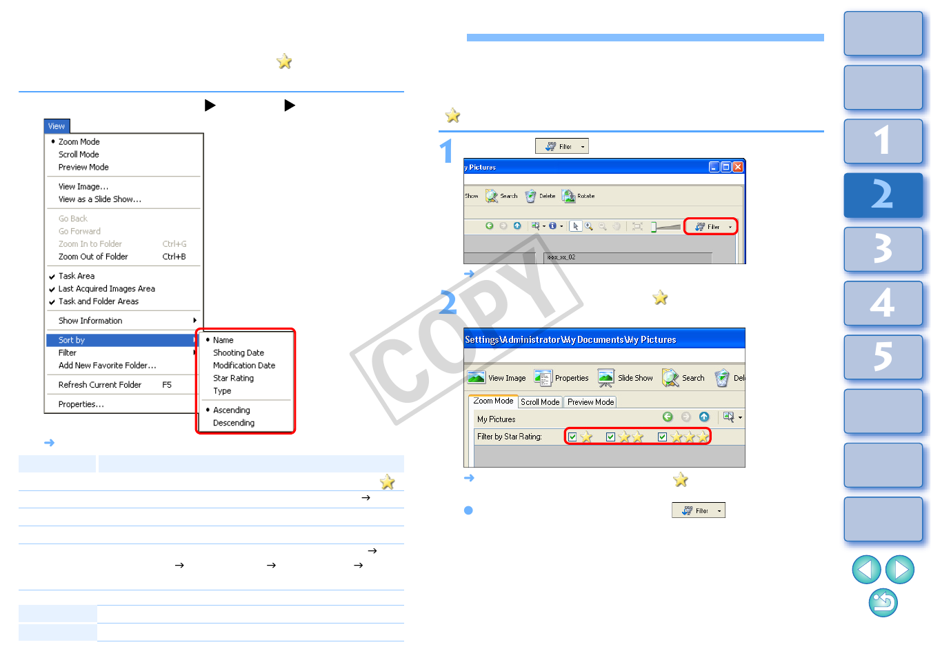 Arranging images in the main window, Extracting images you want to display, Filter display) | Extracting images you want to display (filter, Display), Cop y | Canon XT User Manual | Page 25 / 93