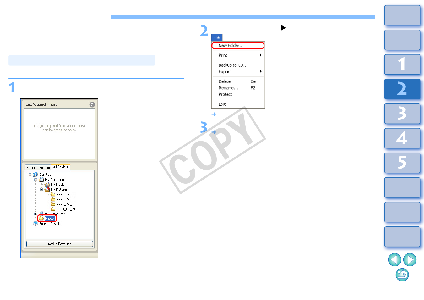 Organizing images, Creating a folder for saving images, P.26 | Cop y | Canon XT User Manual | Page 27 / 93