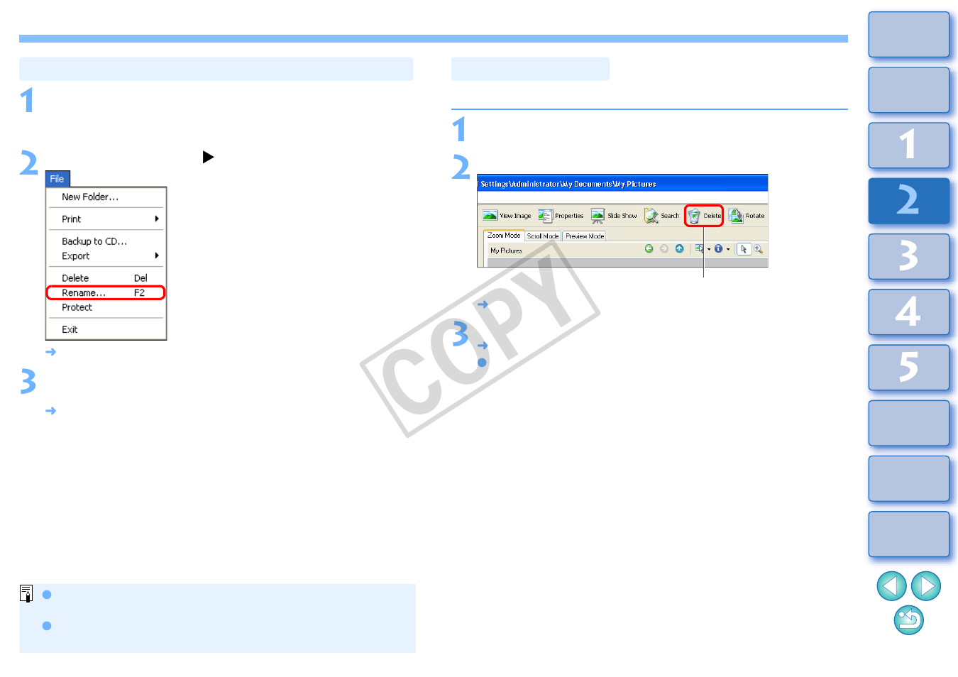Changing image file names or folder names, Deleting images, Cop y | Canon XT User Manual | Page 29 / 93