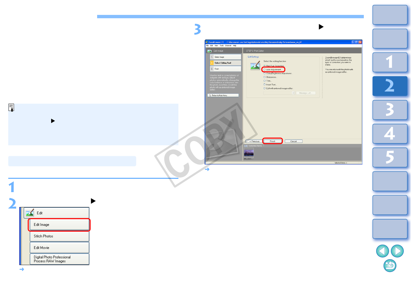 Editing an image, Automatic adjustment using zb, Cop y | Canon XT User Manual | Page 32 / 93