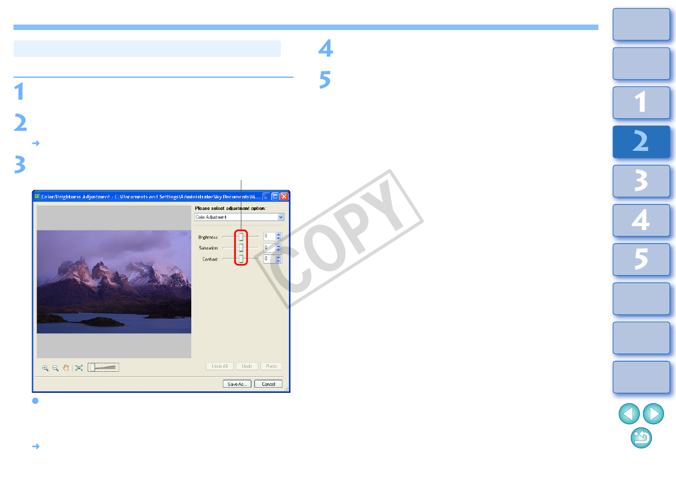 Adjusting brightness, color and contrast, Cop y | Canon XT User Manual | Page 34 / 93