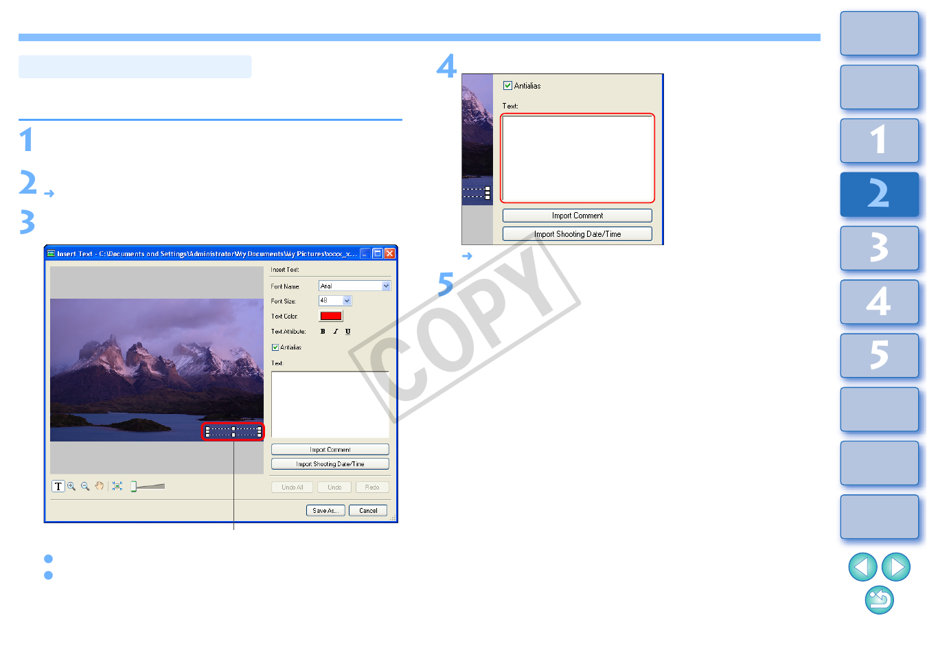 Inserting text into images, Cop y | Canon XT User Manual | Page 36 / 93