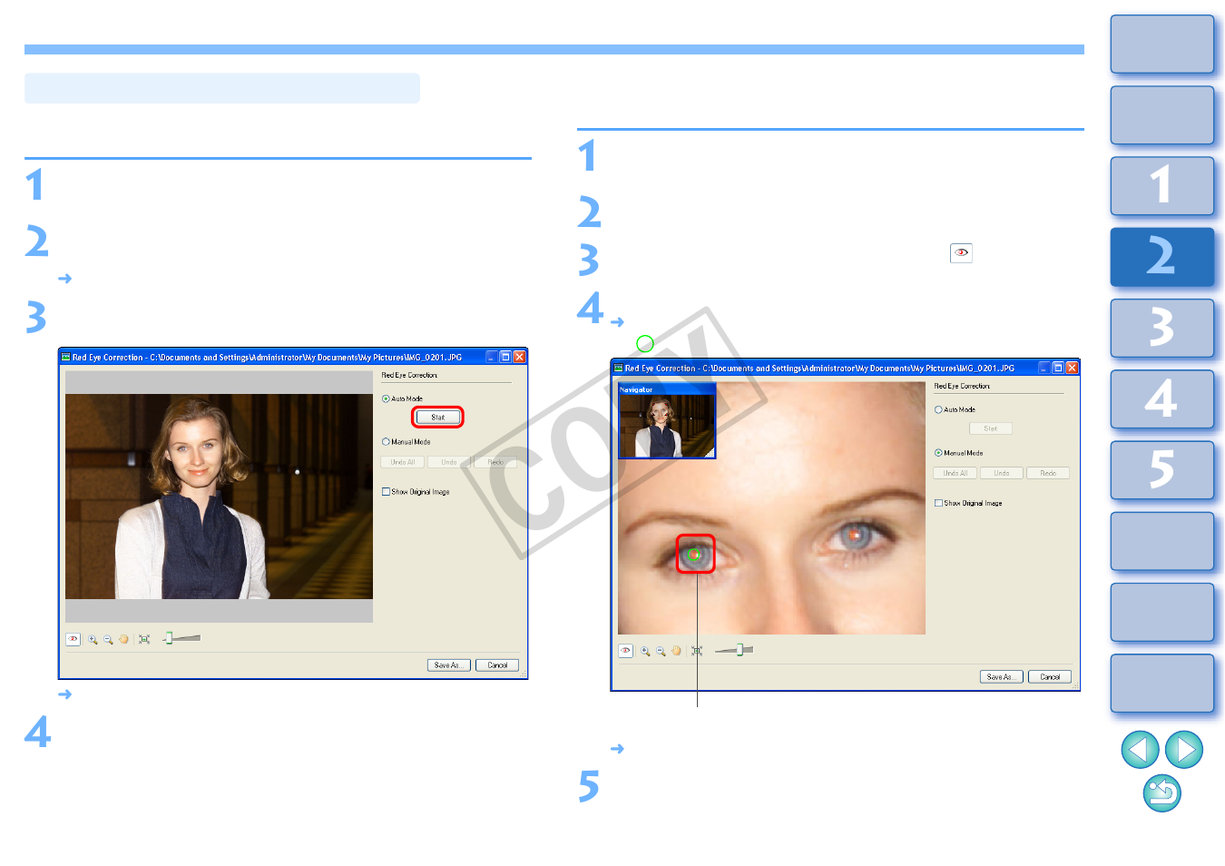 Correcting red-eye automatically, Correcting red-eye manually, Cop y | Canon XT User Manual | Page 38 / 93