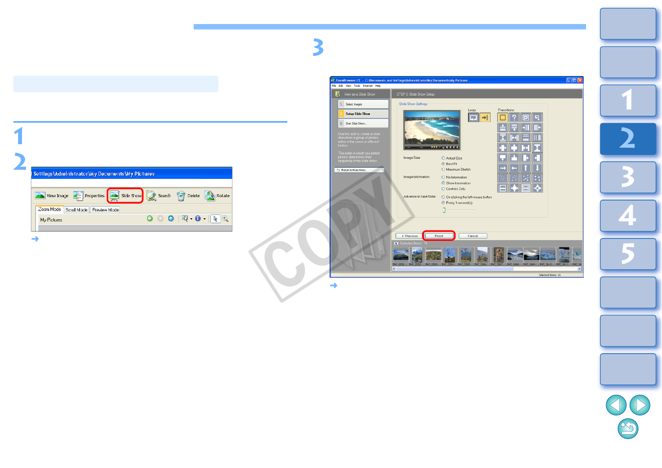 Utilizing your images, Viewing images as a slide show, Cop y | Canon XT User Manual | Page 44 / 93