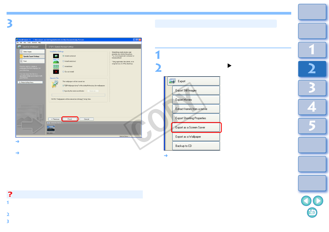 Creating a screen saver from an image, Cop y | Canon XT User Manual | Page 47 / 93