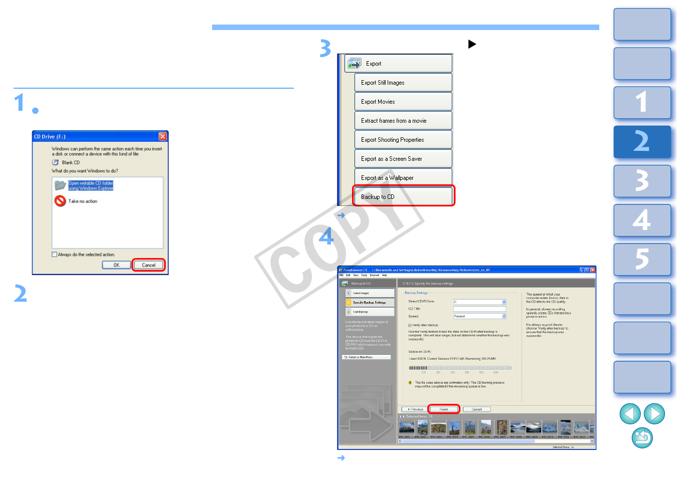 Writing images to a cd, Cop y | Canon XT User Manual | Page 49 / 93