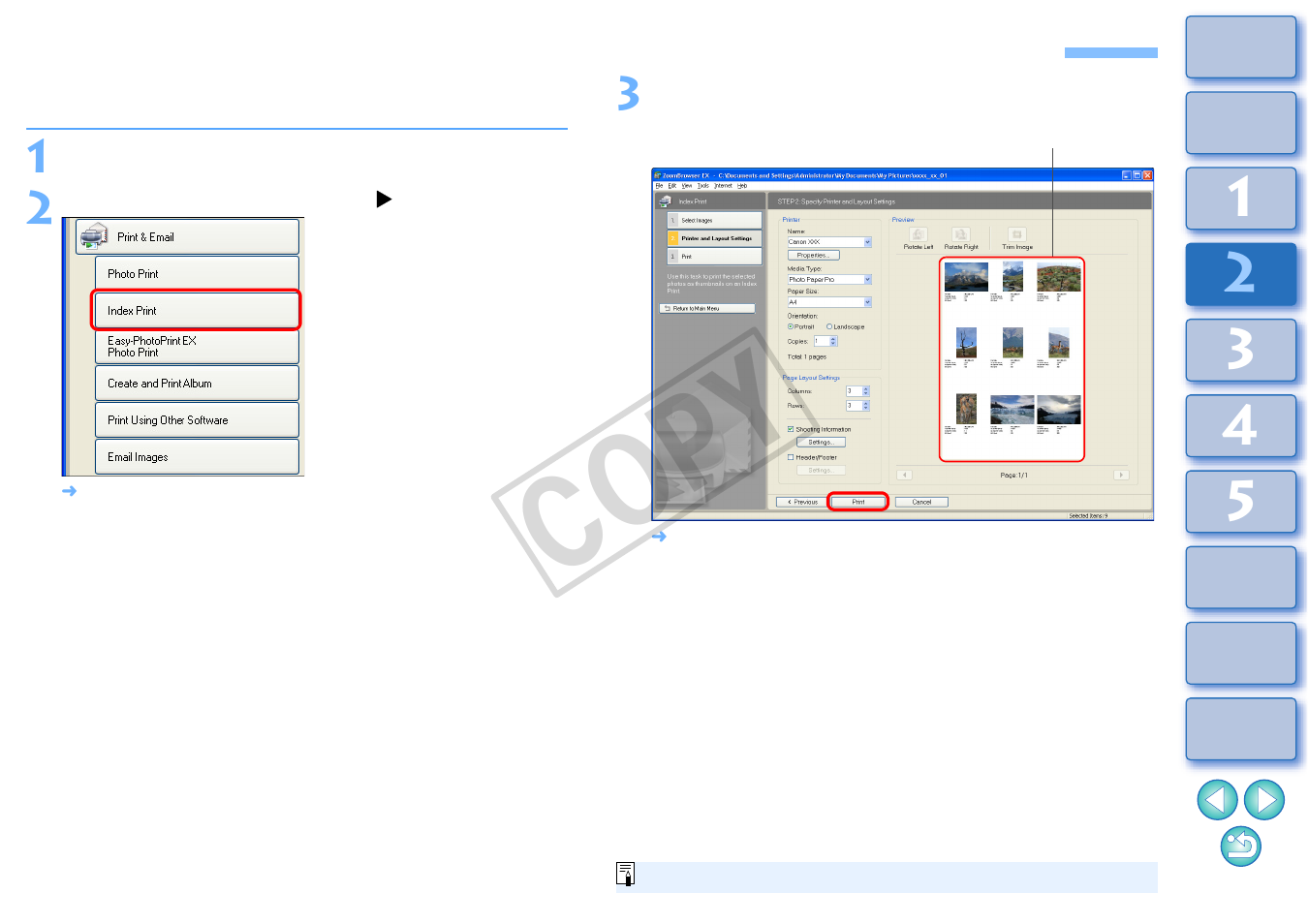 Printing multiple images on one sheet of paper, Index printing), Cop y | Canon XT User Manual | Page 50 / 93