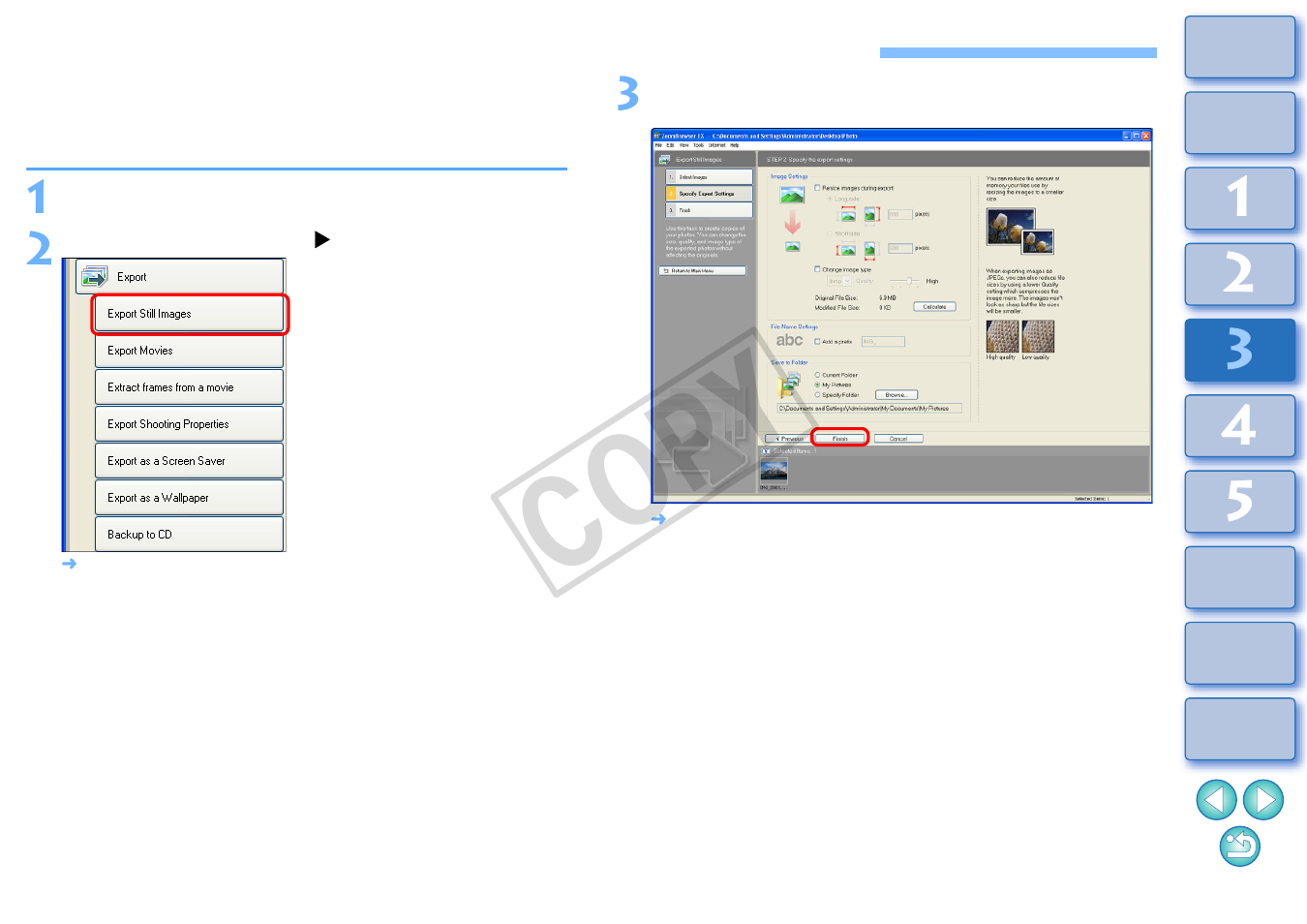 Changing the size and type of an image and saving, Cop y | Canon XT User Manual | Page 55 / 93