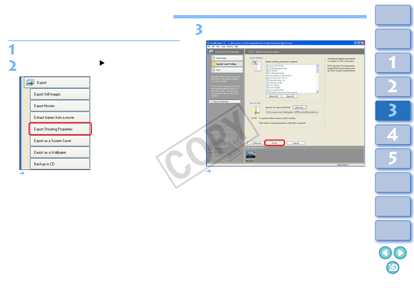 Exporting shooting information, Cop y | Canon XT User Manual | Page 56 / 93