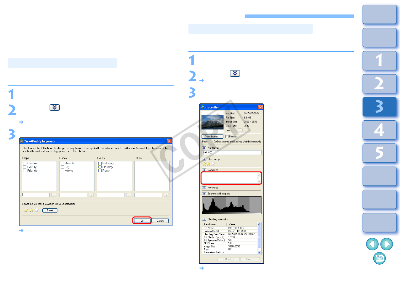 Organizing images using high-level functions, Setting keywords in images, Entering comments into images | Cop y | Canon XT User Manual | Page 61 / 93