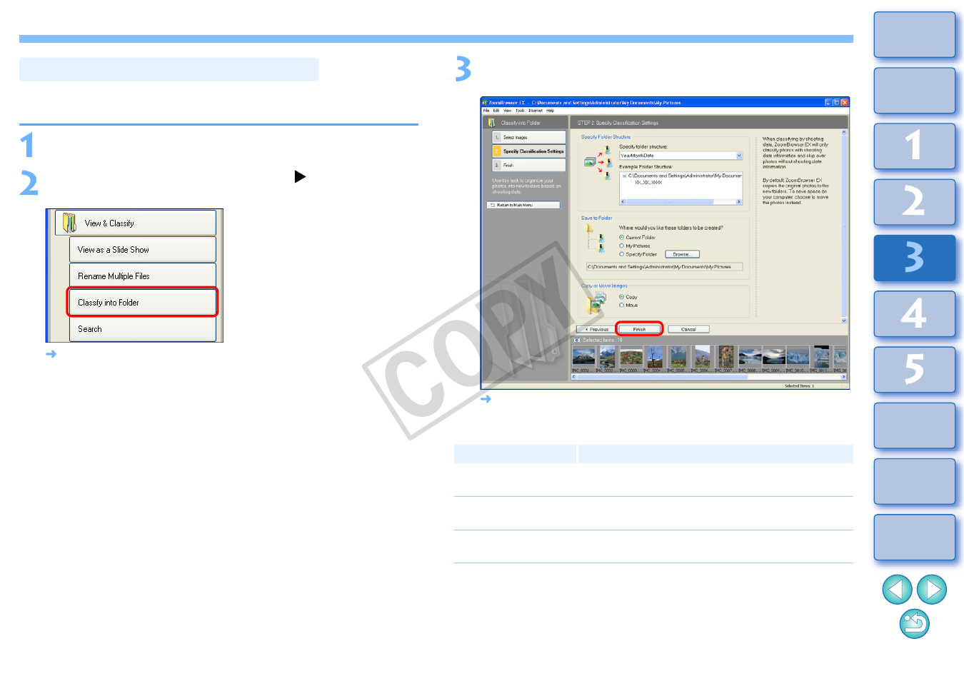 Classifying images by shot date, Cop y | Canon XT User Manual | Page 63 / 93