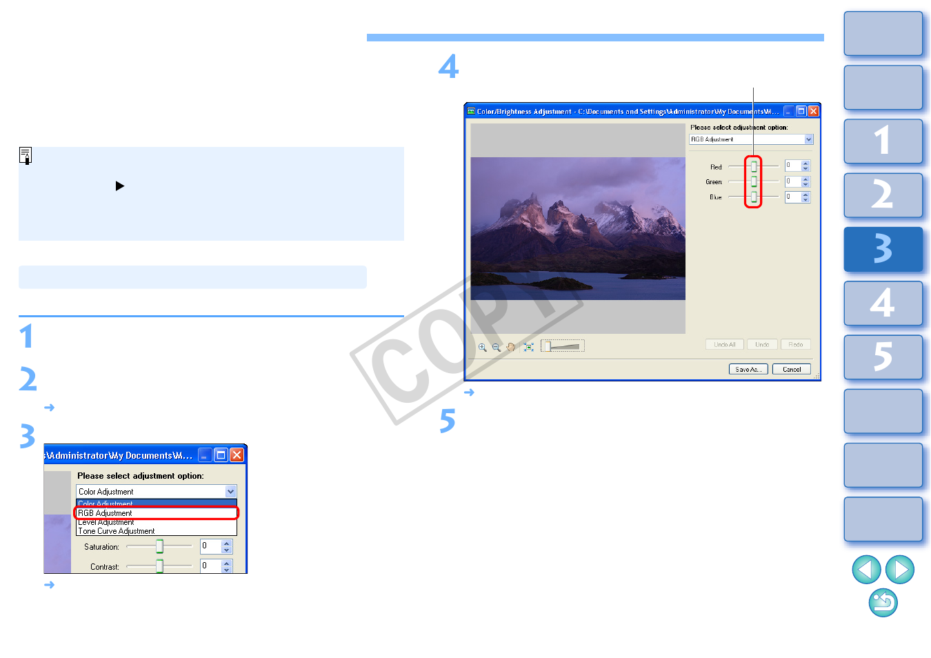 Performing advanced editing, Adjusting the color of an image in rgb, Cop y | Canon XT User Manual | Page 65 / 93