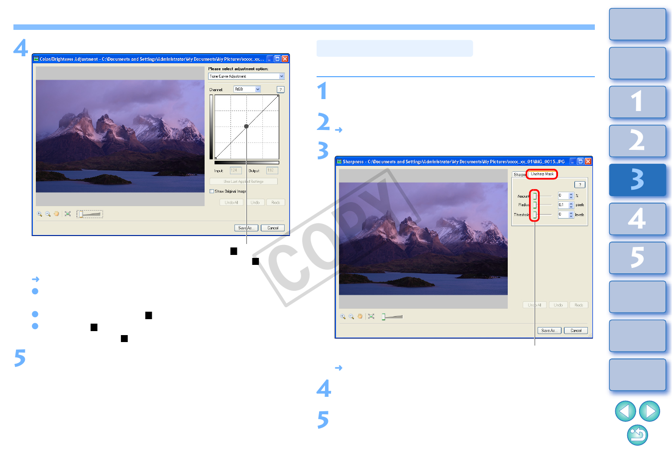 Unsharpening an image, Cop y | Canon XT User Manual | Page 67 / 93