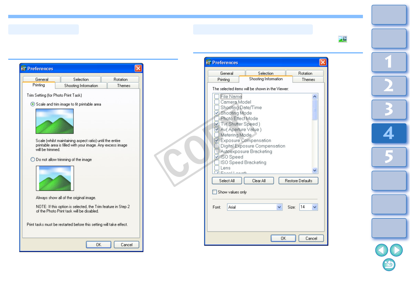 Printing settings, Shooting information settings, Cop y | Canon XT User Manual | Page 75 / 93