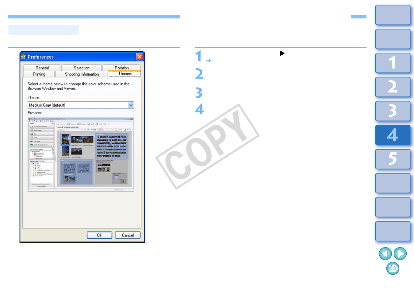 Showing/hiding task buttons, Themes settings, Cop y | Canon XT User Manual | Page 76 / 93