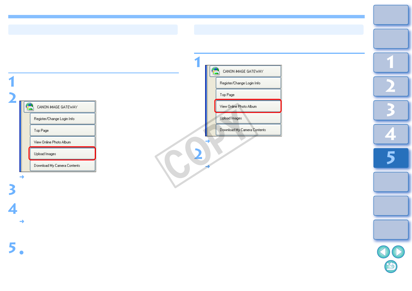 Uploading images in a canon image gateway, Album, Displaying a registered canon image gateway | Cop y | Canon XT User Manual | Page 79 / 93