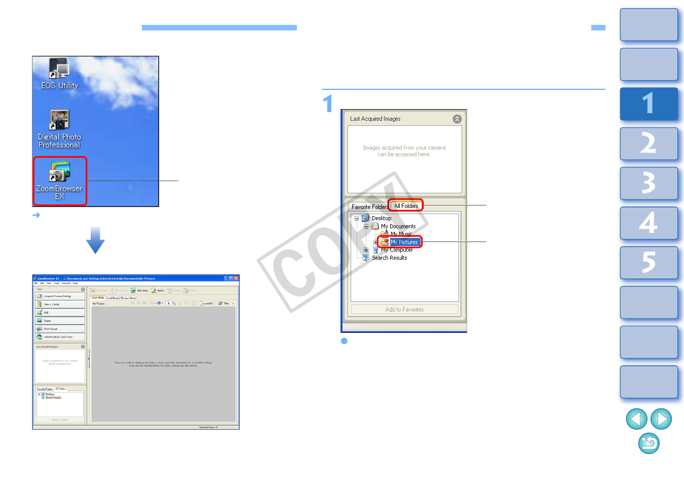 Starting up zb, Downloading an image to your computer, Cop y | Canon XT User Manual | Page 8 / 93