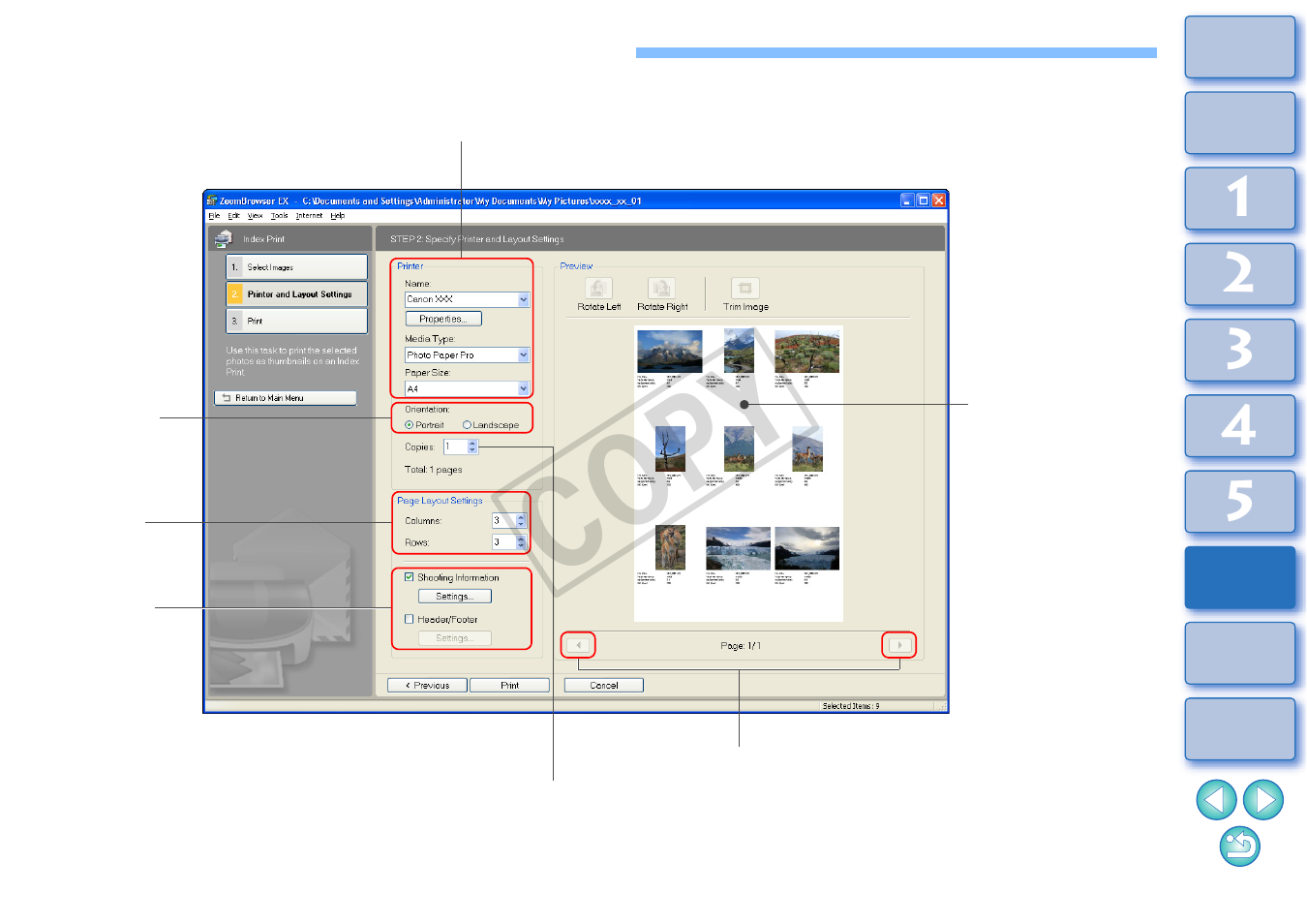 List of index print window functions, P.88, Cop y | Canon XT User Manual | Page 89 / 93