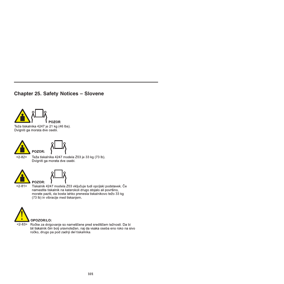 Chapter 25 safety notices -slovene, Chapter 25. safety notices – slovene | Compuprint 4247-L03 Safety Information User Manual | Page 105 / 122