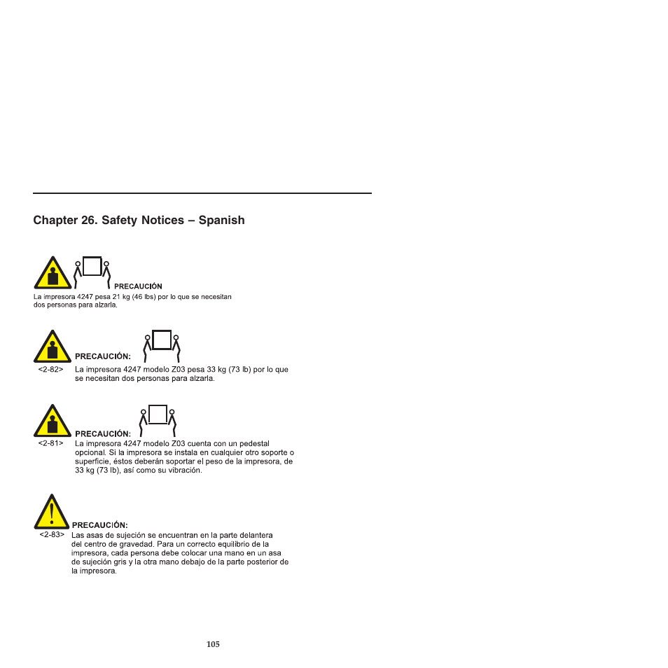 Chapter 26 safety notices -spanish, Chapter 26. safety notices – spanish | Compuprint 4247-L03 Safety Information User Manual | Page 109 / 122