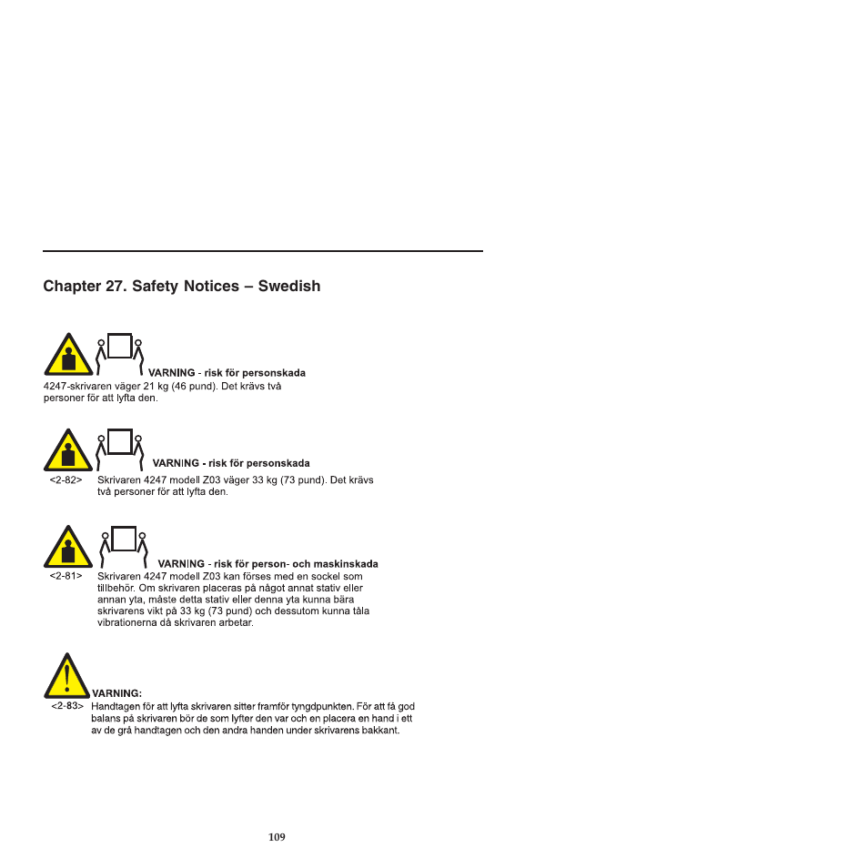 Chapter 27 safety notices -swedish, Chapter 27. safety notices – swedish | Compuprint 4247-L03 Safety Information User Manual | Page 113 / 122