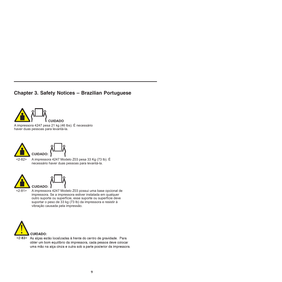 Chapter 3 safety notices -brazilian portuguese, Chapter 3. safety notices – brazilian portuguese | Compuprint 4247-L03 Safety Information User Manual | Page 13 / 122