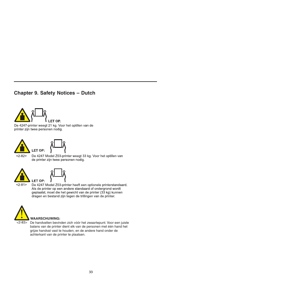 Chapter 9 safety notices -dutch, Chapter 9. safety notices – dutch | Compuprint 4247-L03 Safety Information User Manual | Page 37 / 122