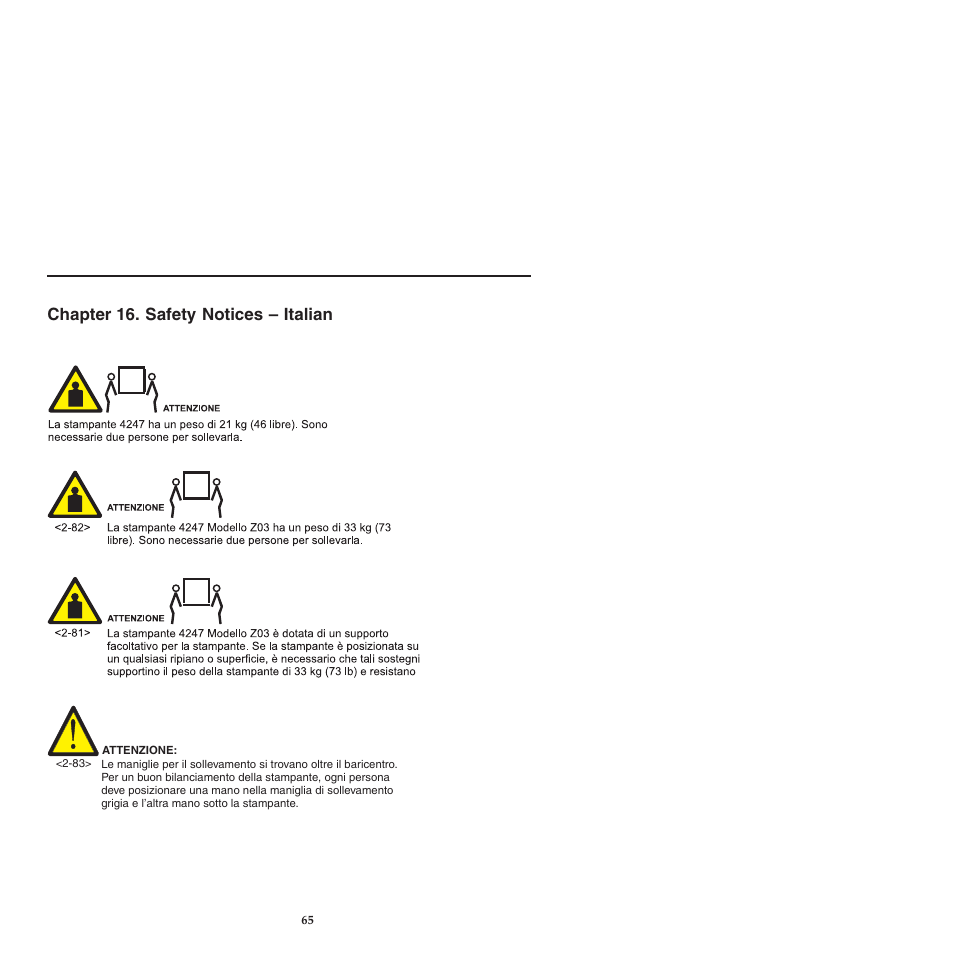 Chapter 16 safety notices -italian, Chapter 16. safety notices – italian | Compuprint 4247-L03 Safety Information User Manual | Page 69 / 122