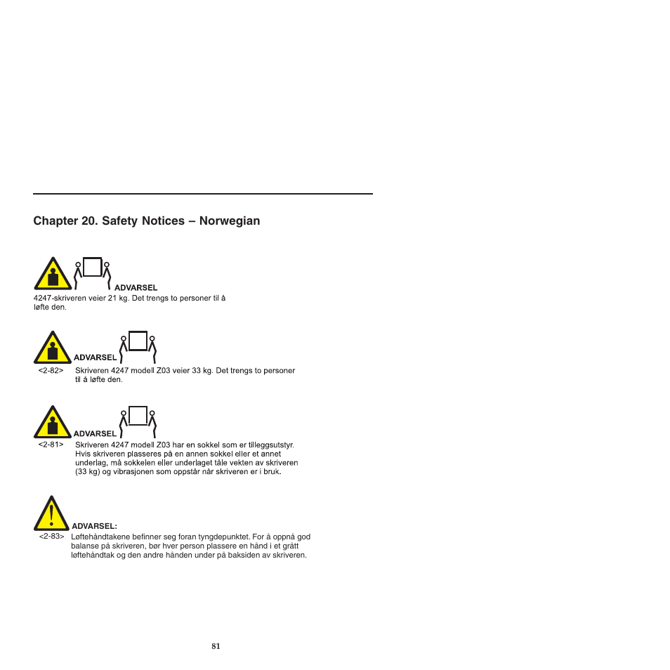 Chapter 20 safety notices -norwegian, Chapter 20. safety notices – norwegian | Compuprint 4247-L03 Safety Information User Manual | Page 85 / 122